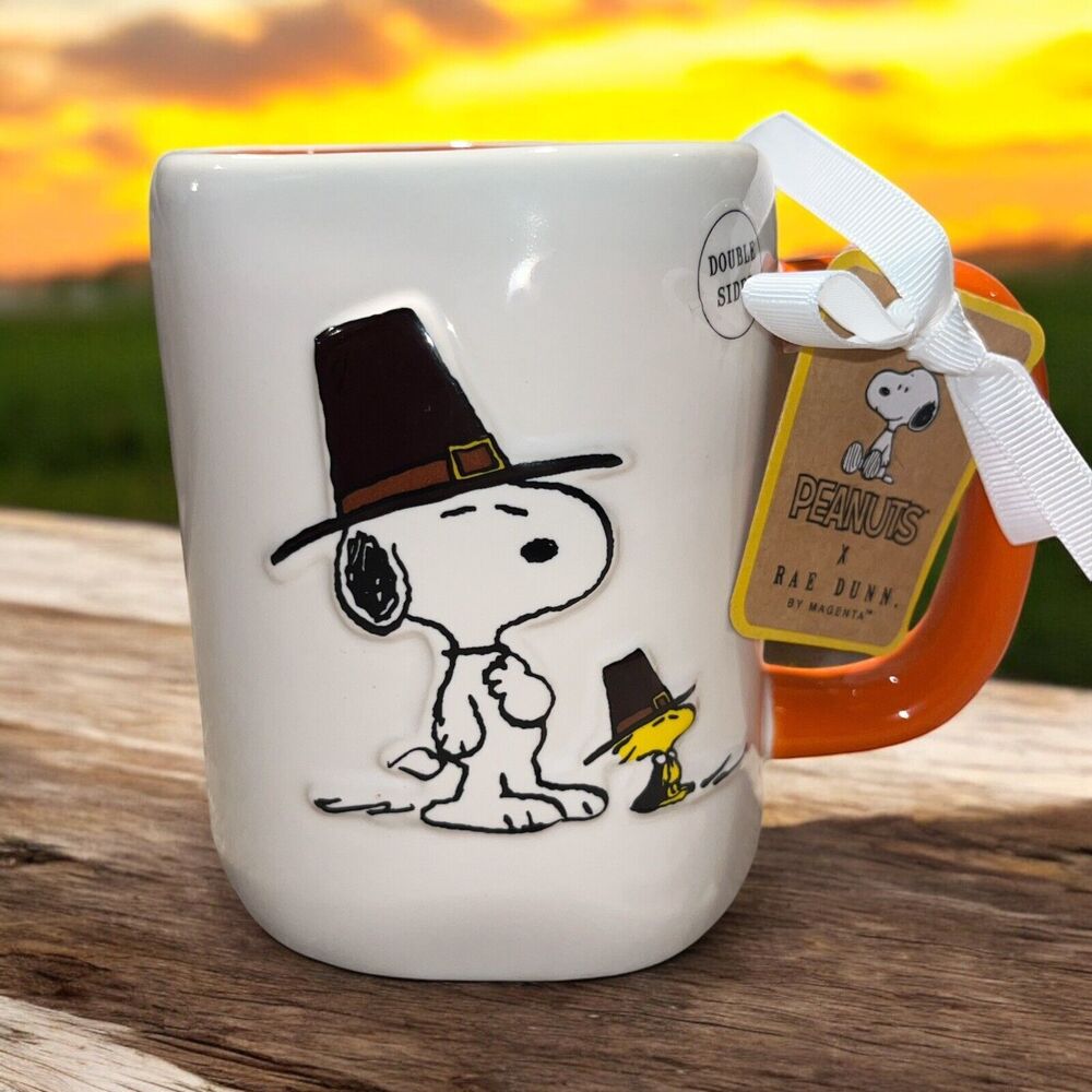 Rae Dunn Mug THANKFUL FOR YOU Peanuts Snoopy Woodstock Pilgrim Thanksgiving NEW